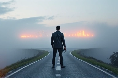 Figure at crossroads, future aspirations, decision-making